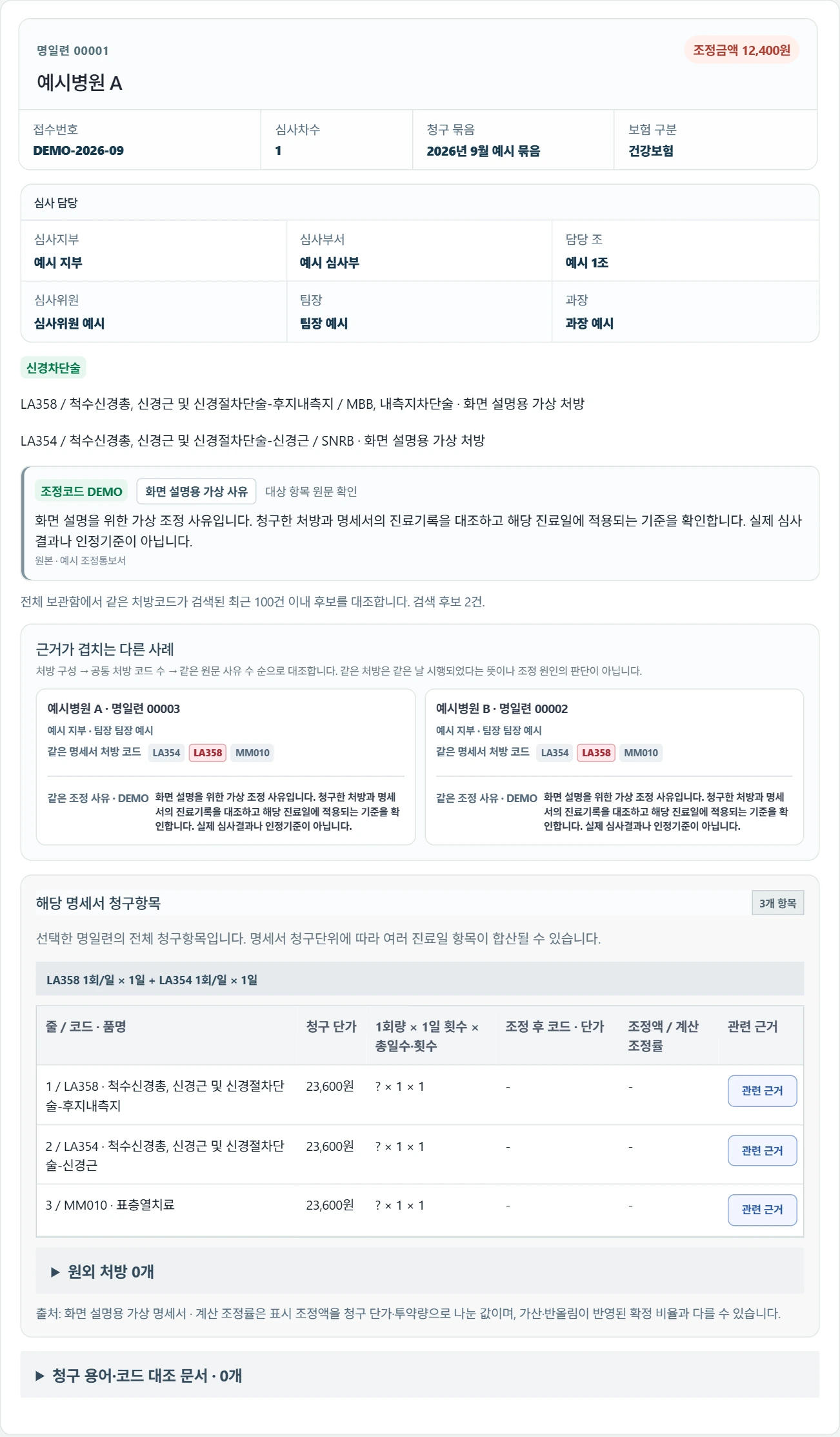 심사사례 상세와 청구항목 실제 서비스 화면, 가상 데이터 사용